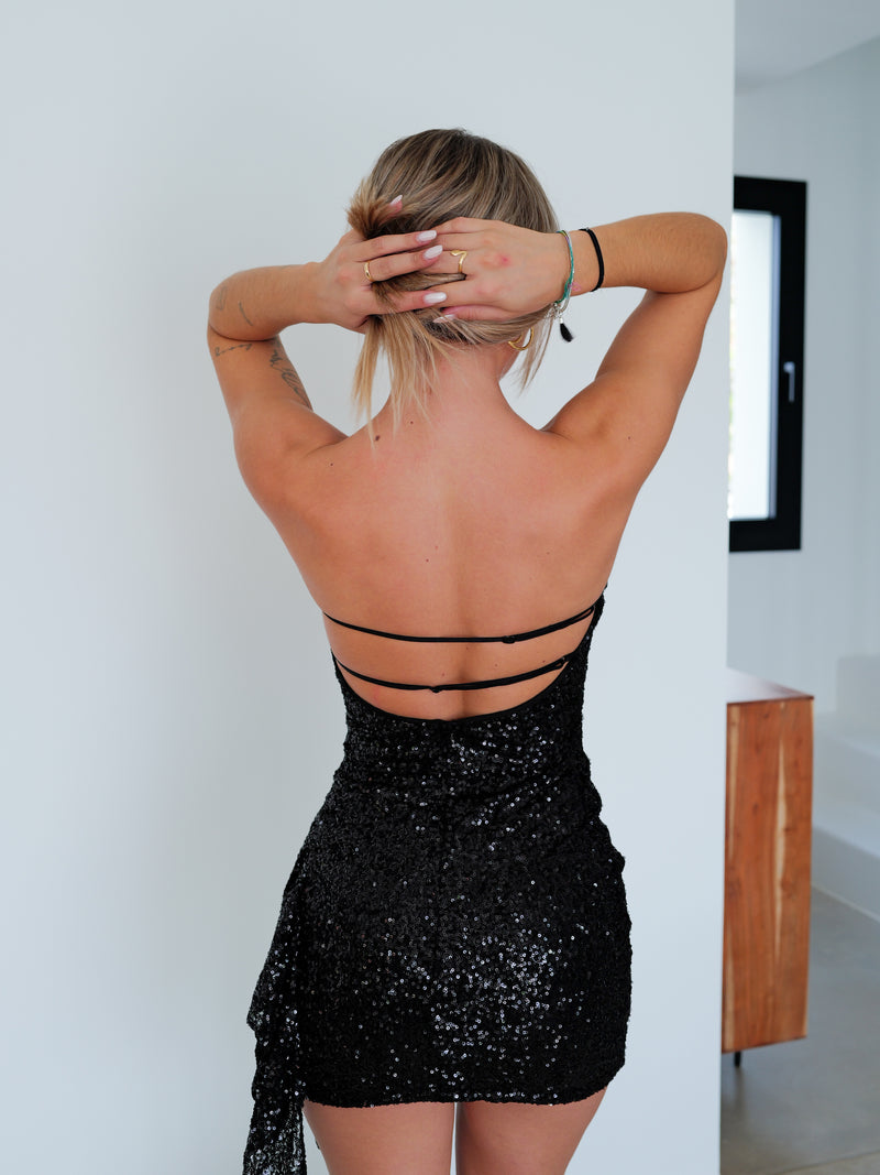 Black glitter dress with ruffle band