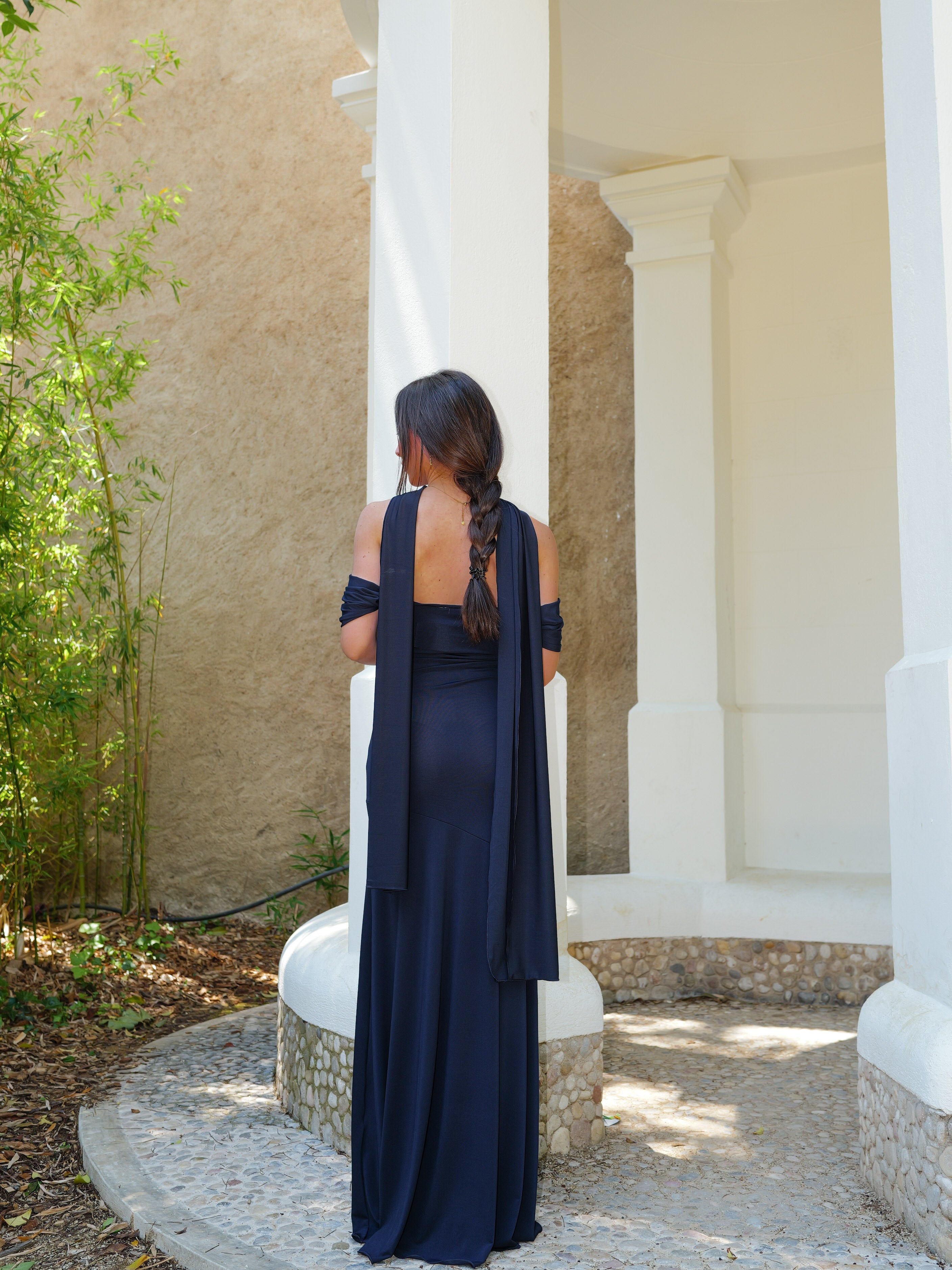 Choker dress with navy sleeves