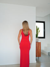 Long dress with red asymmetrical ring