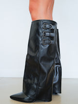 Black three buckle heel boot