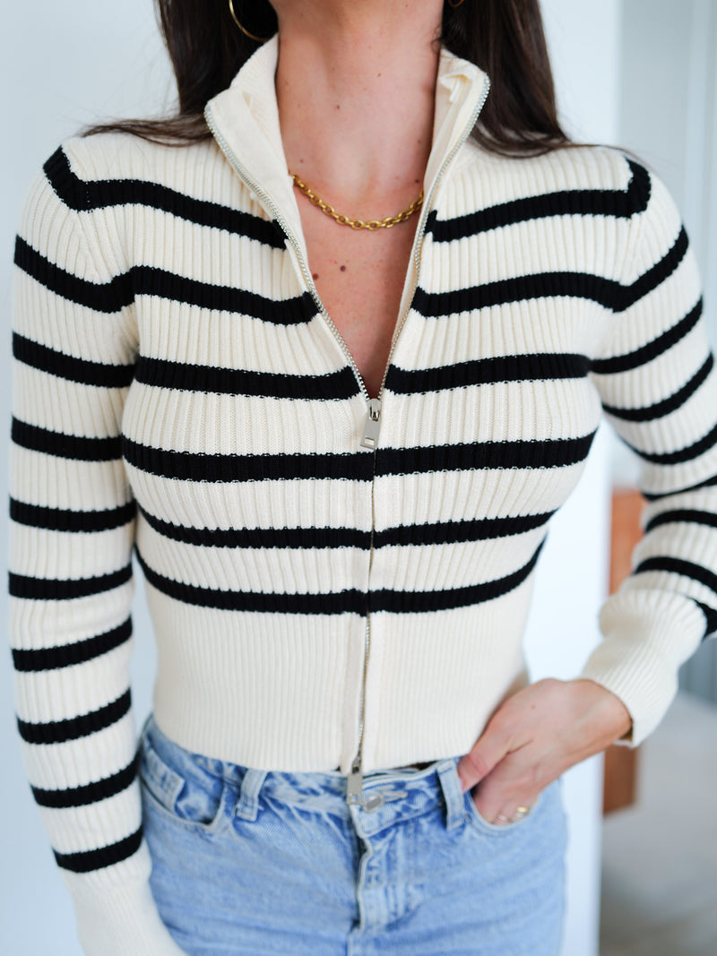 Beige striped ribbed zipper sweater