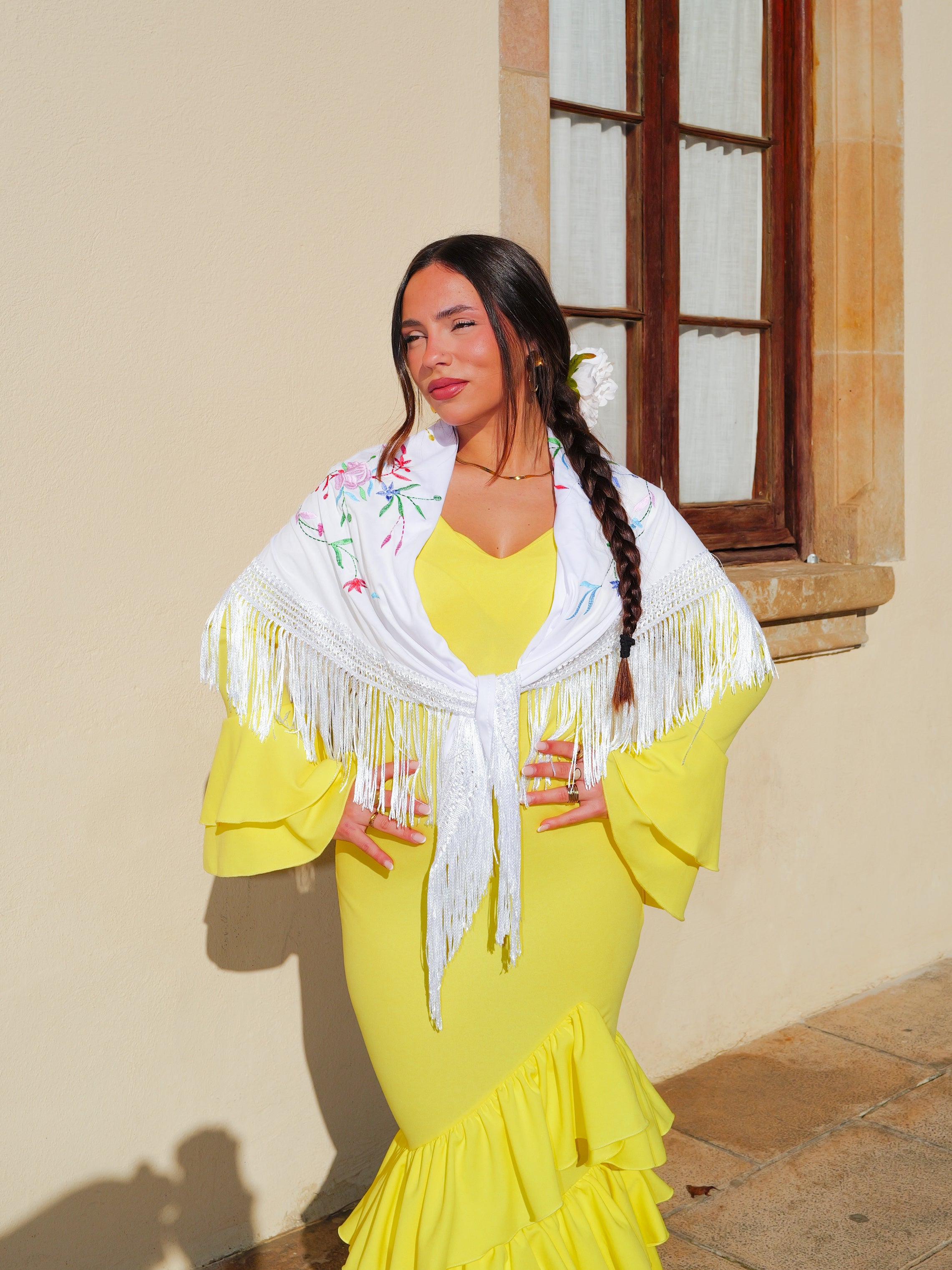 Asymmetrical yellow ruffled flamenco dress