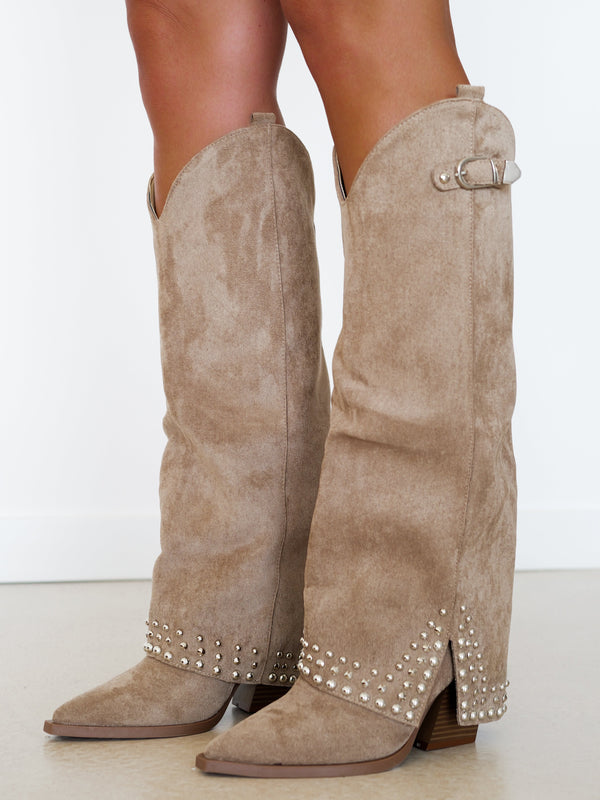 Beige suede flap heel boot