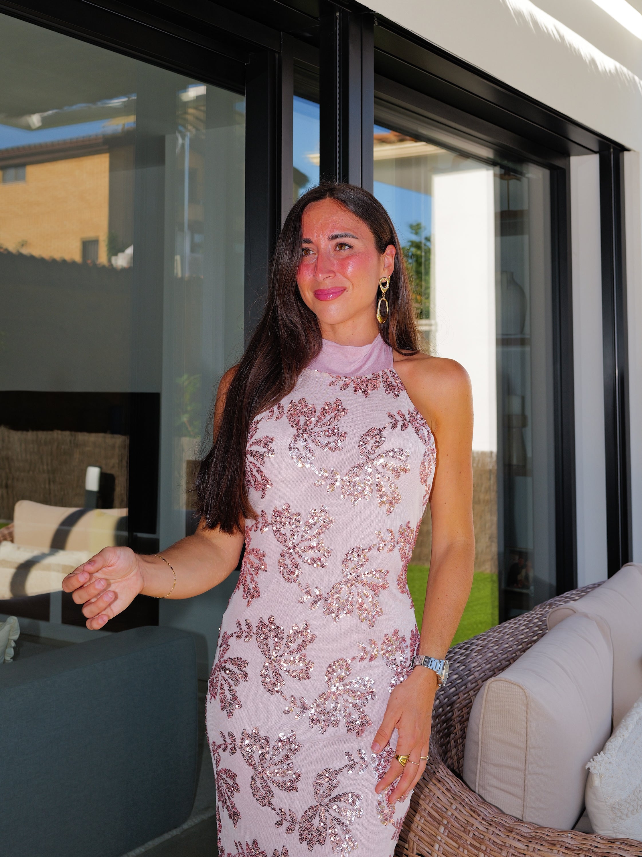 Pink halter tulle detail dress