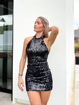 Black sequin halter dress