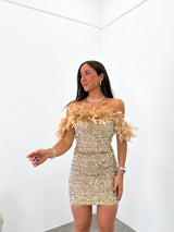 Mini feather glitter beige dress