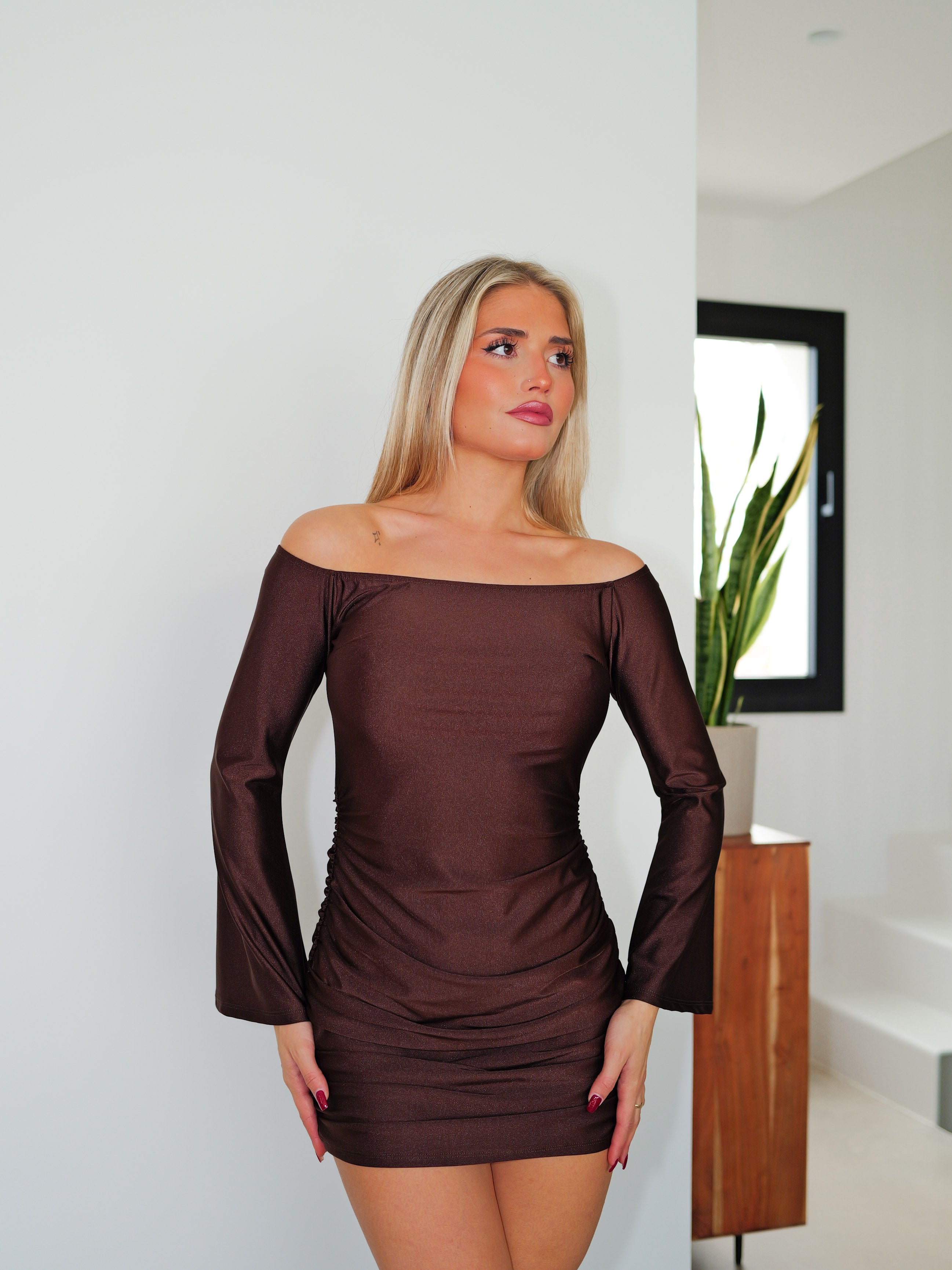 Chocolate satin bardot dress with flared sleeves