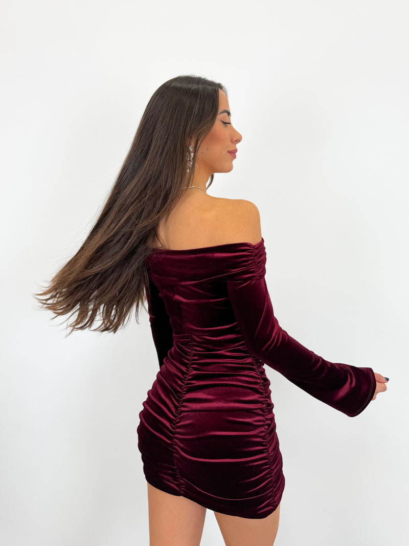 Burgundy velvet bardot dress