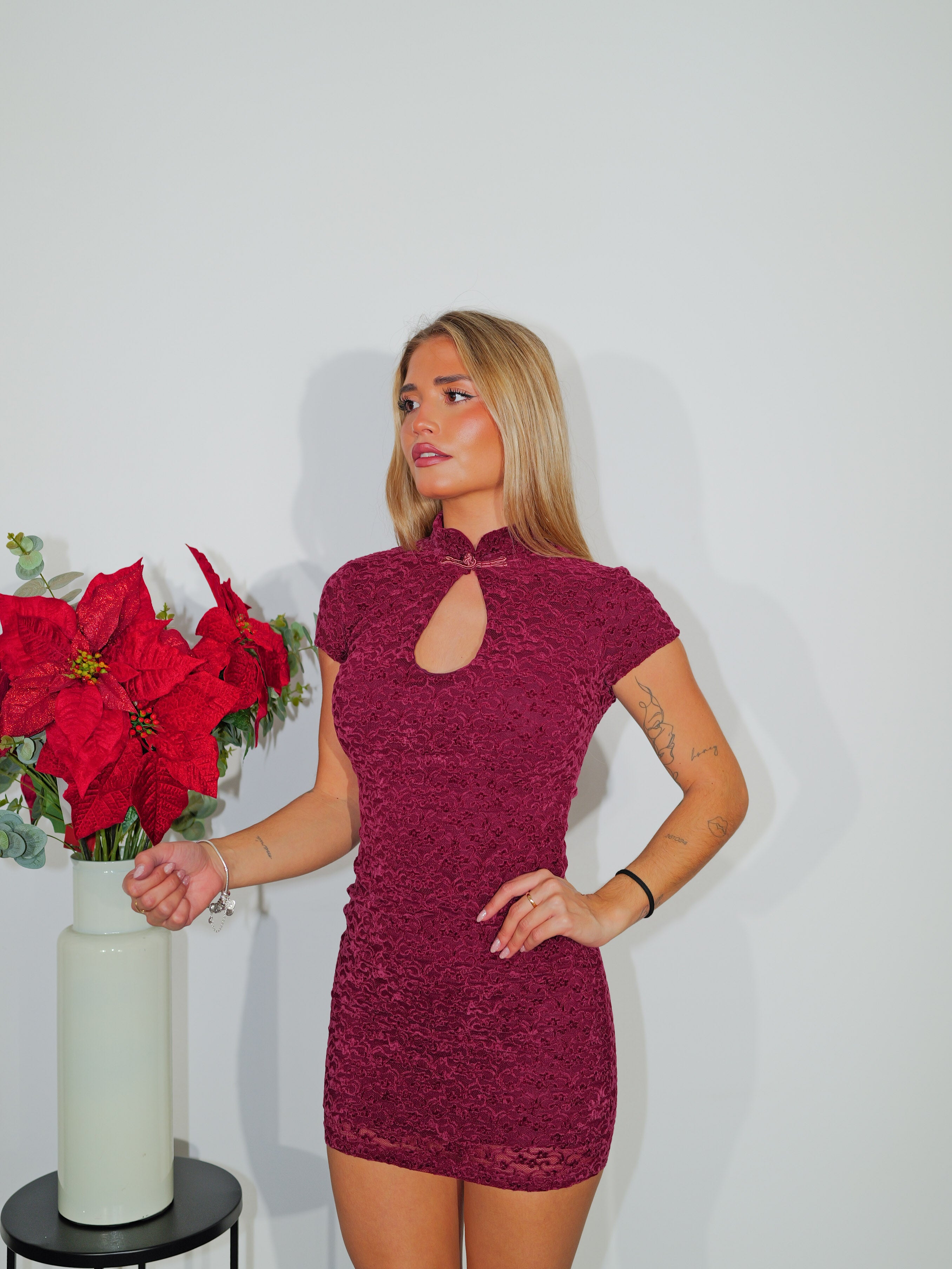 Mini velvet dress burgundy mao collar