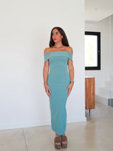 Blue ribbed bardot dress