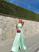 Mint satin halter dress