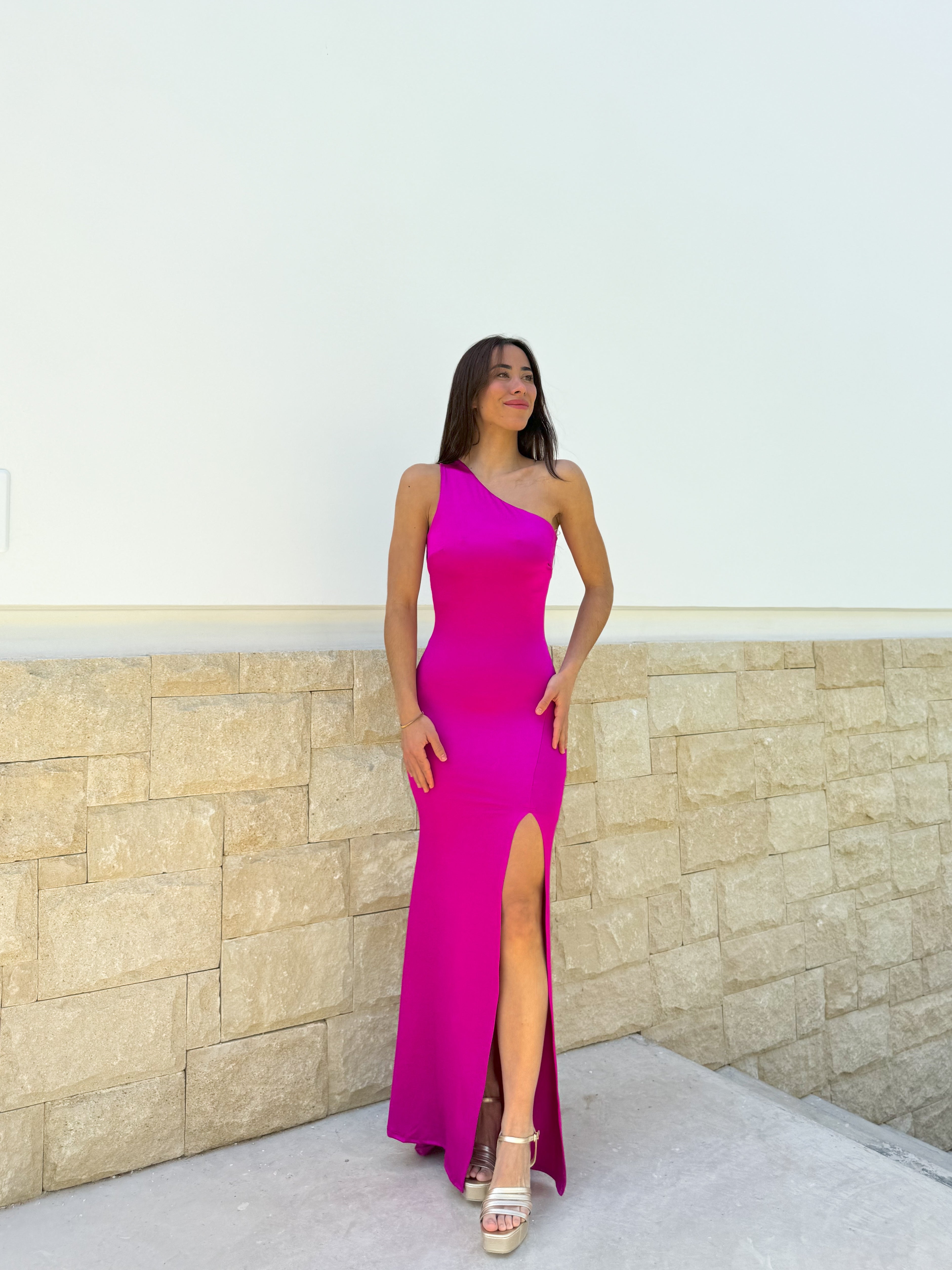 Fuchsia asym back knot dress