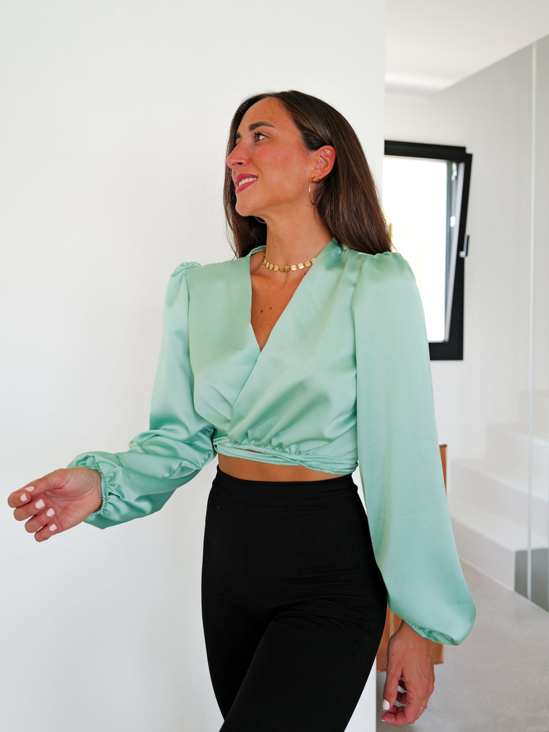 Mint satin crossover blouse