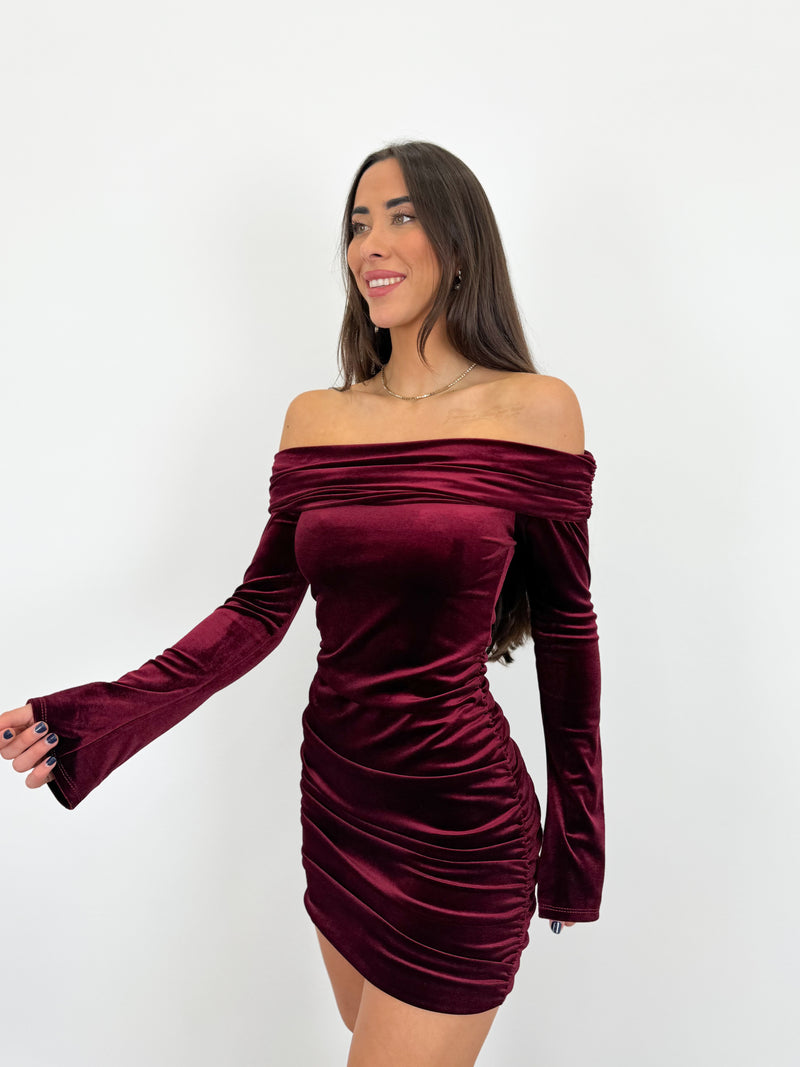 Burgundy velvet bardot dress