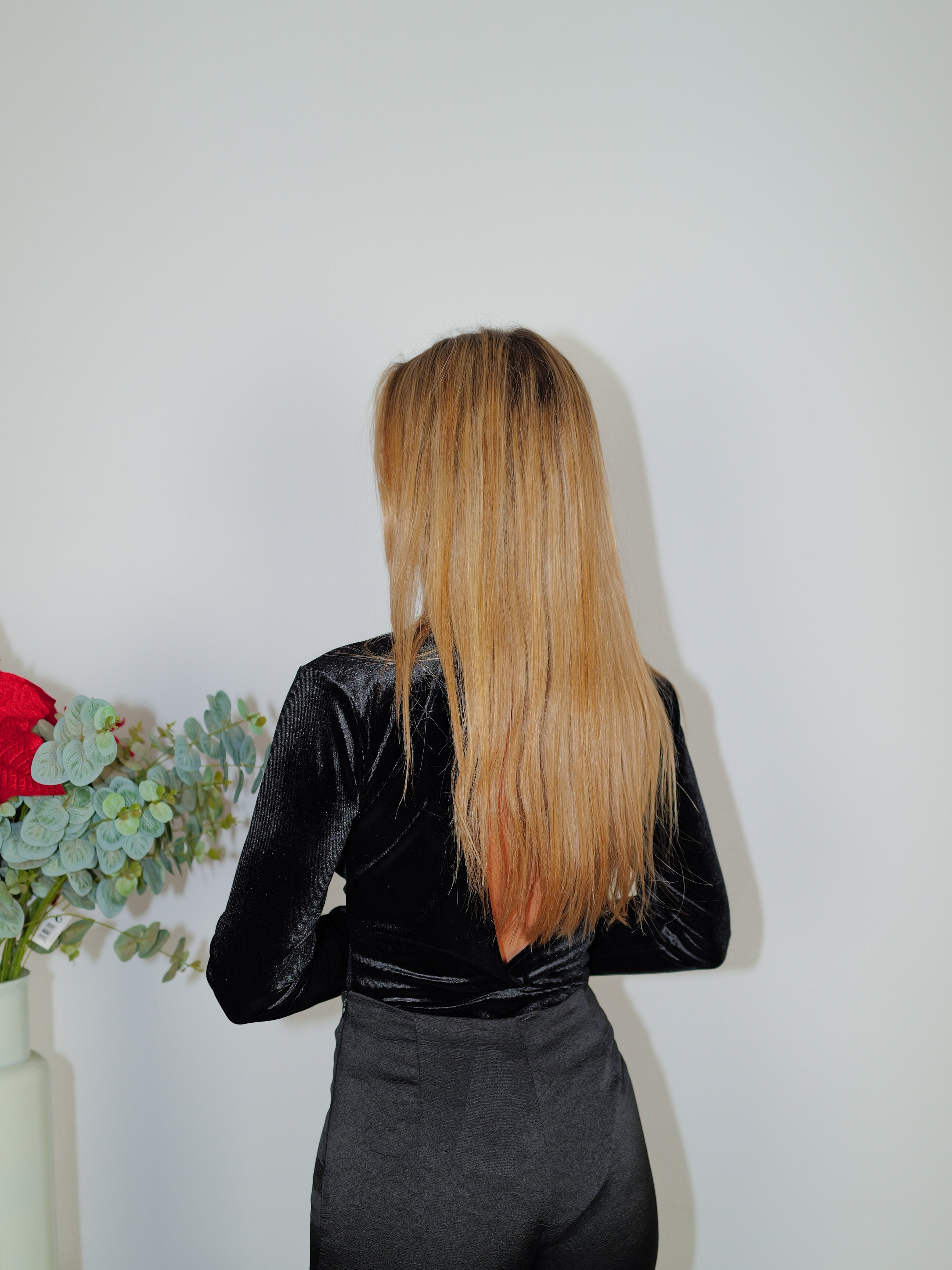 Black velvet V-neck bodysuit