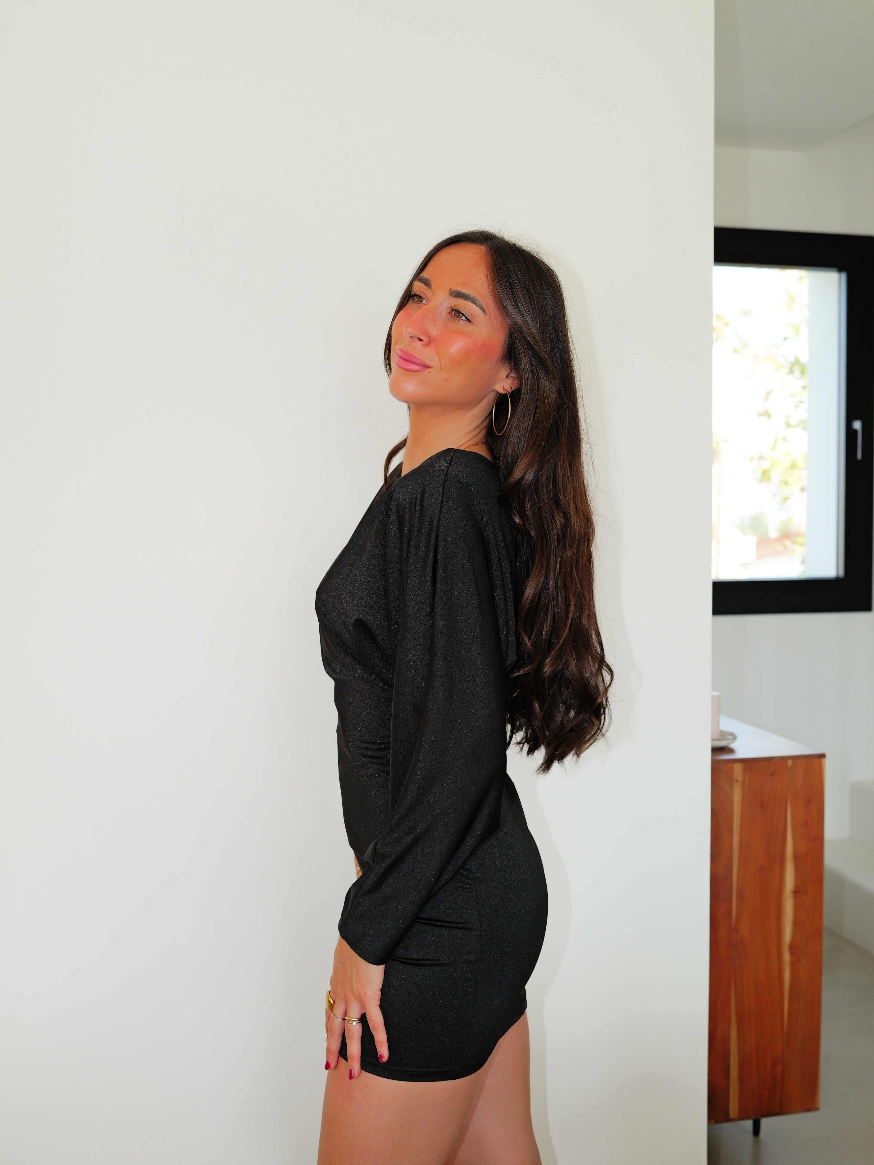 Lycra mini dress with wide sleeves black