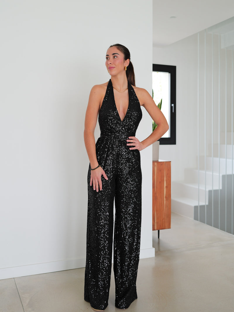 Black bow back glitter jumpsuit