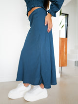 Blue midi skirt with flounce