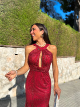 Back halter dress burgundy rhinestones