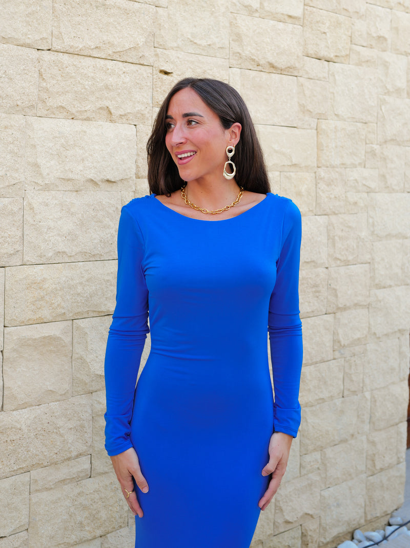 Blue ruffled back dress