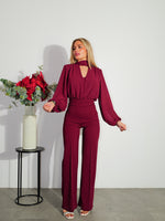 Burgundy tulle tie sleeves jumpsuit