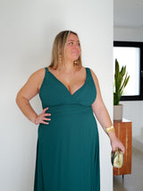 Long dress with draped V-neck and bottle neckline