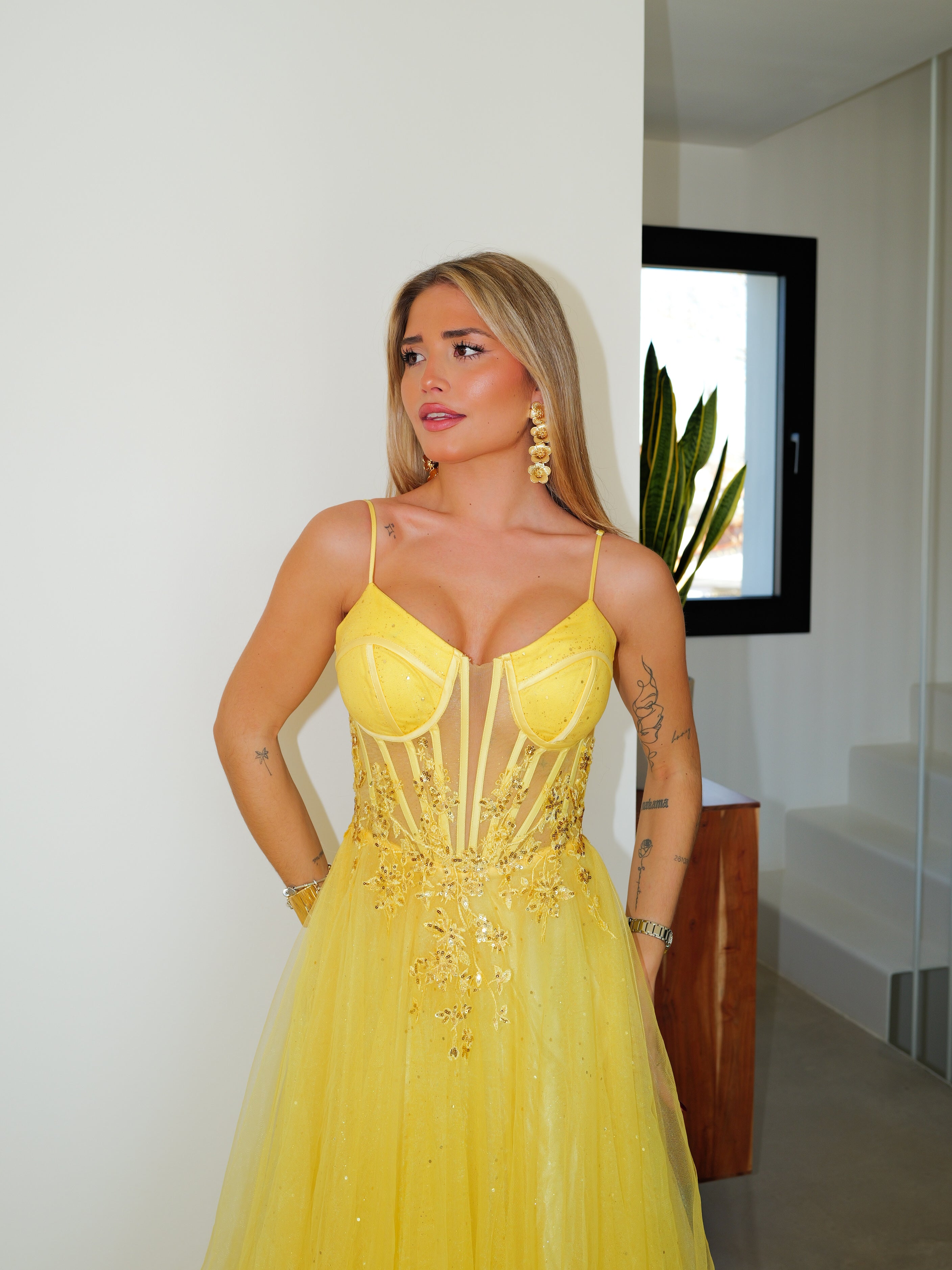 Corset dress yellow tulle flowers