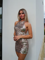 Gold sequin halter dress