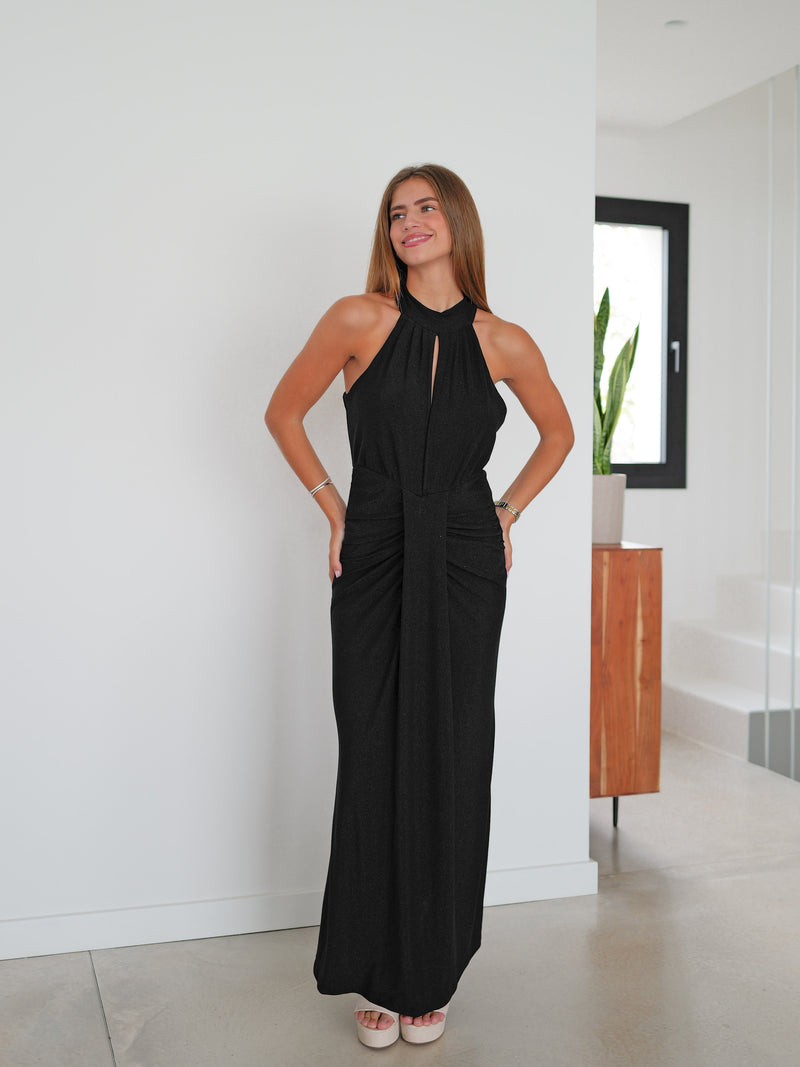 Lurex halter oval black dress