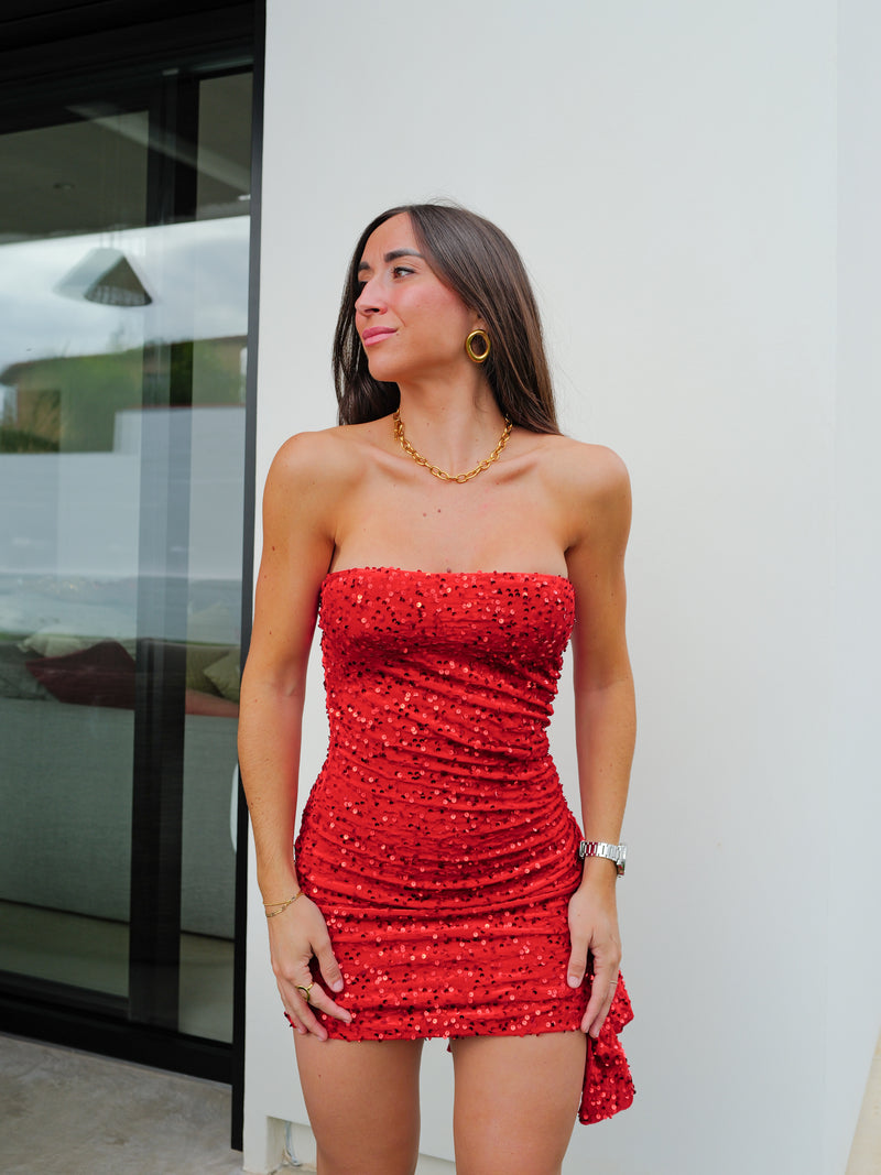 Red velvet ruffle glitter dress