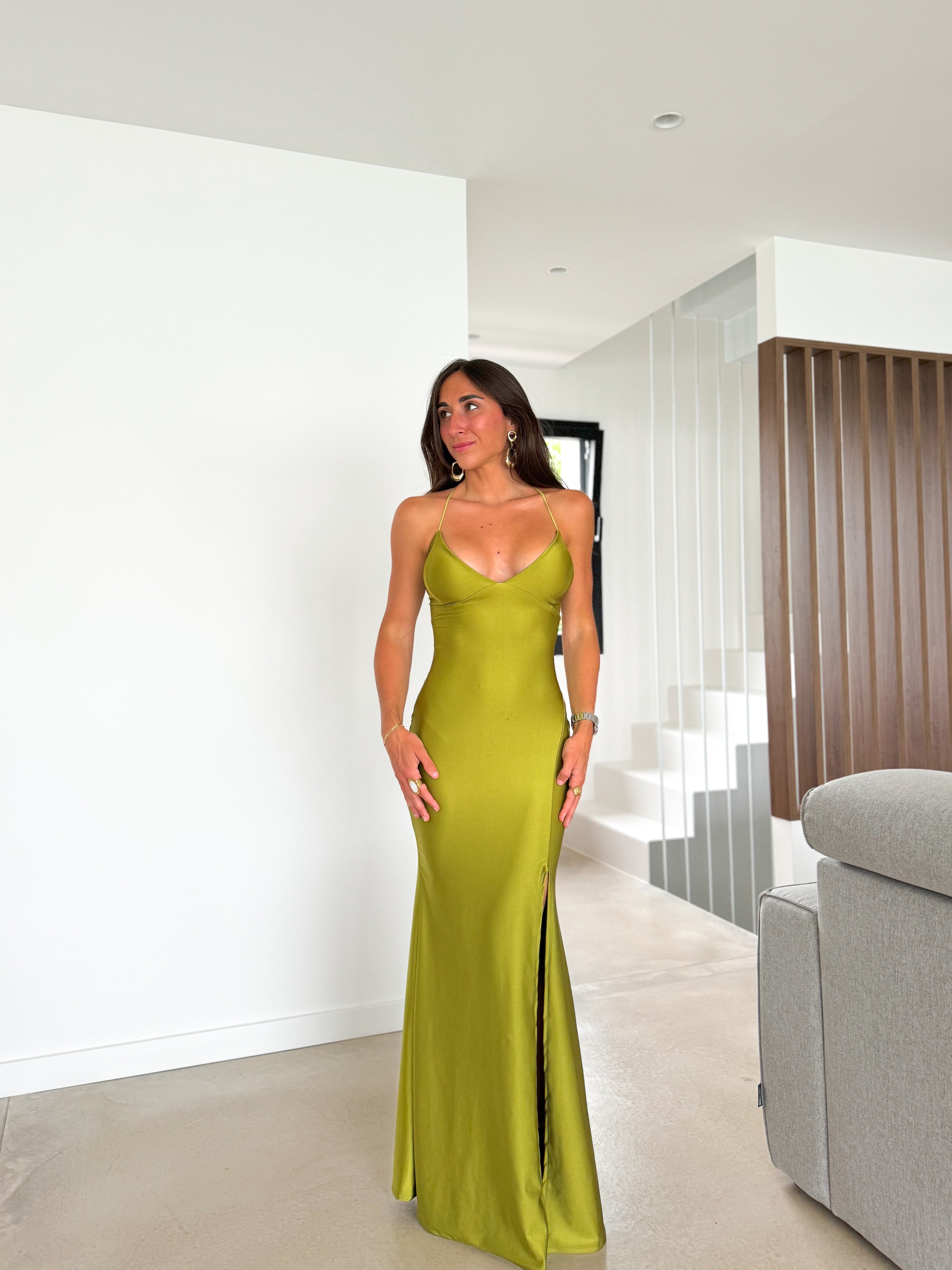 Olive intertwined satin peak dress