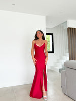 Red interlaced satin peak dress