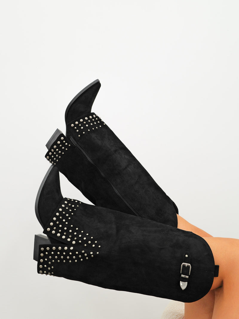 Black suede studded heel boot