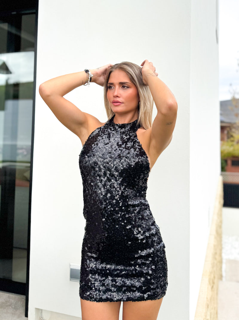 Black sequin halter dress