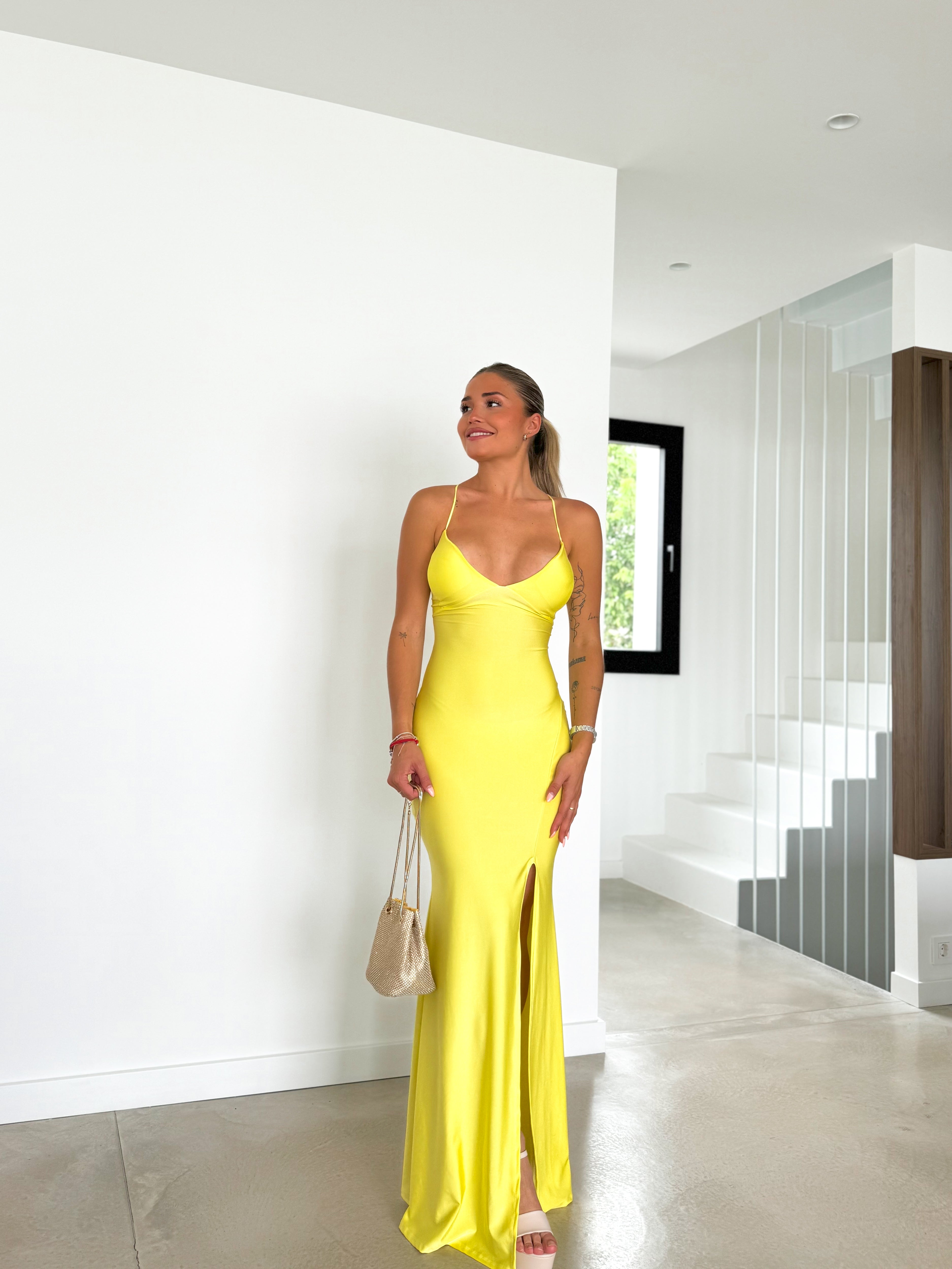 Peak dress yellow satin intertwined