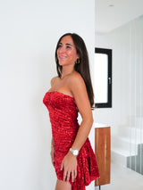 Red velvet ruffle glitter dress