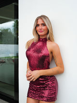 Burgundy glitter halter dress