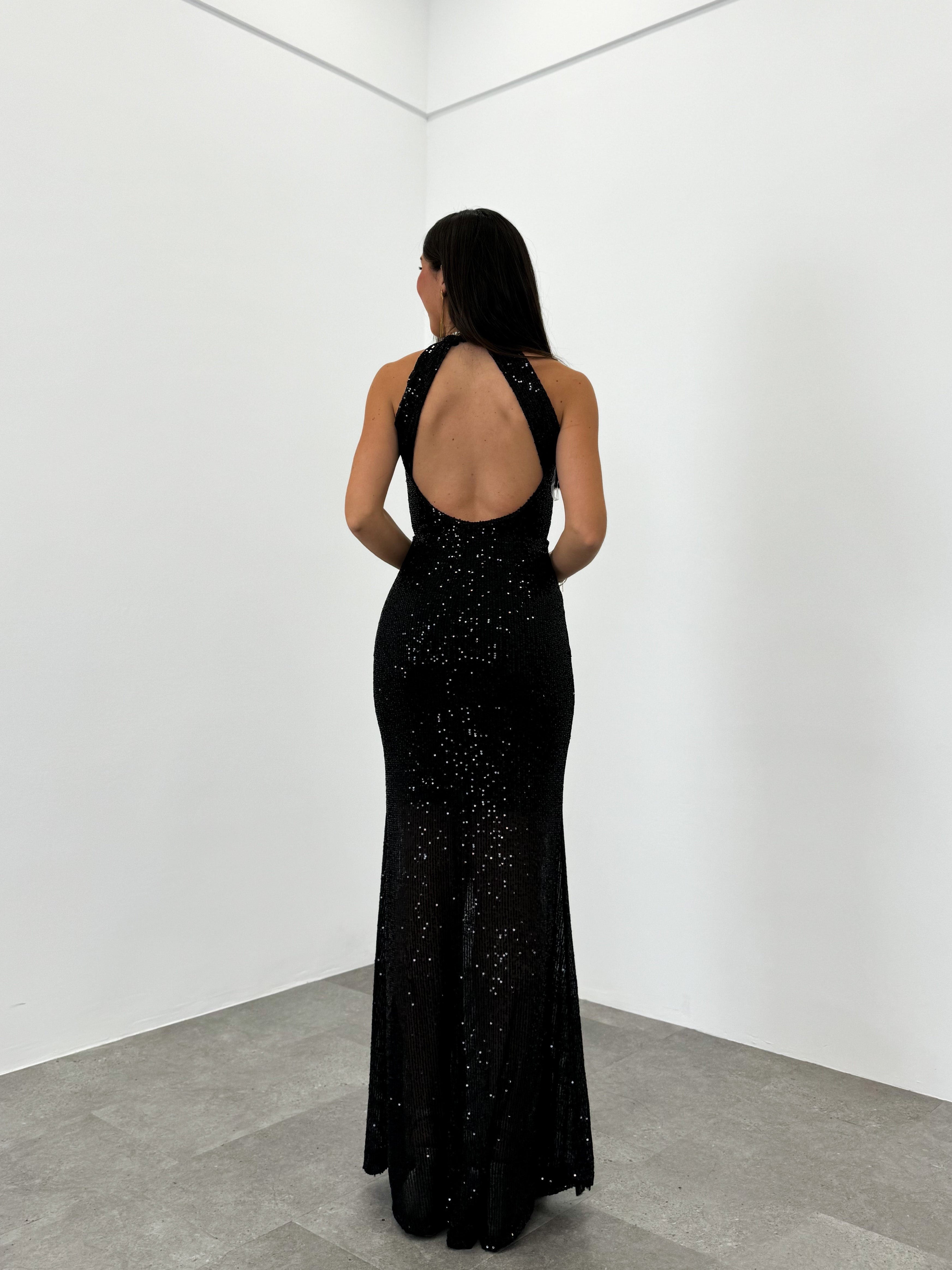 Black halter length glitter dress