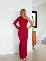 Long asymmetric red lurex dress