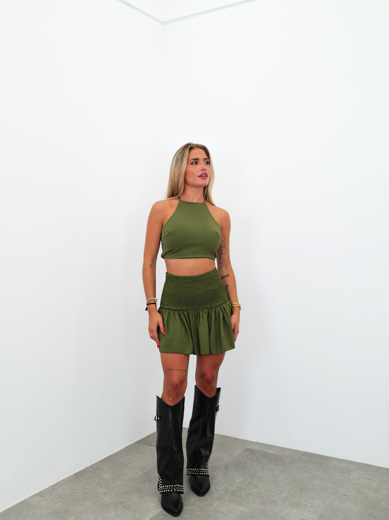 Khaki ruffled halter set