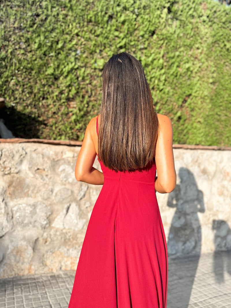 Burgundy crepe peak dress