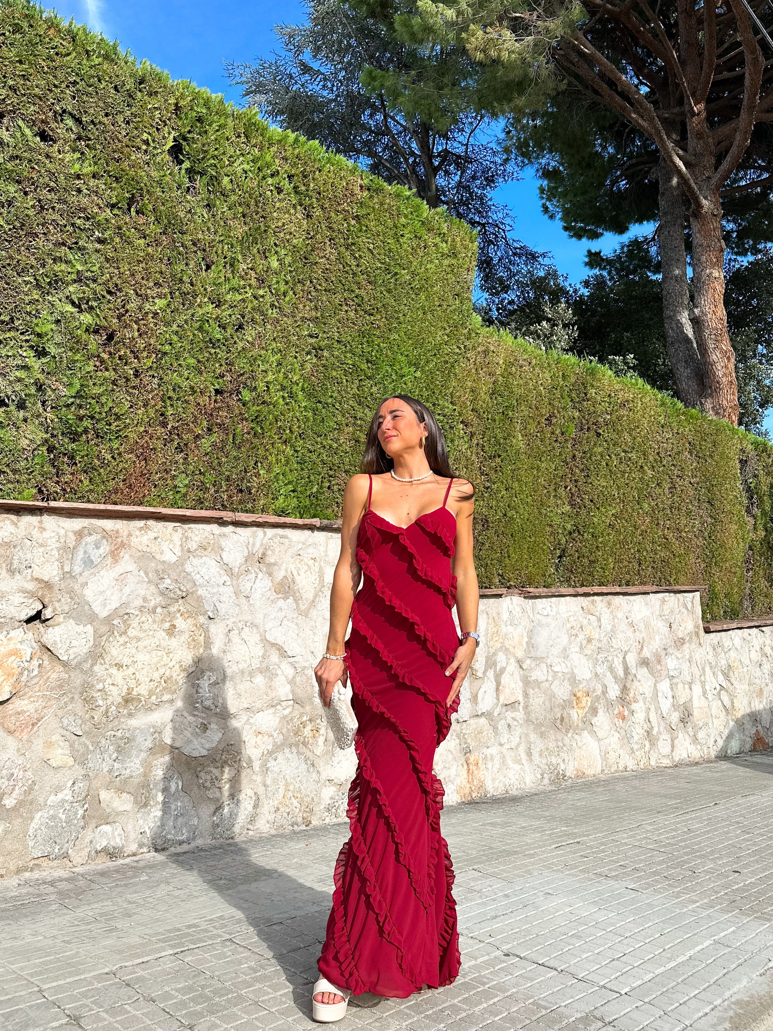 Burgundy crepe flounce dress