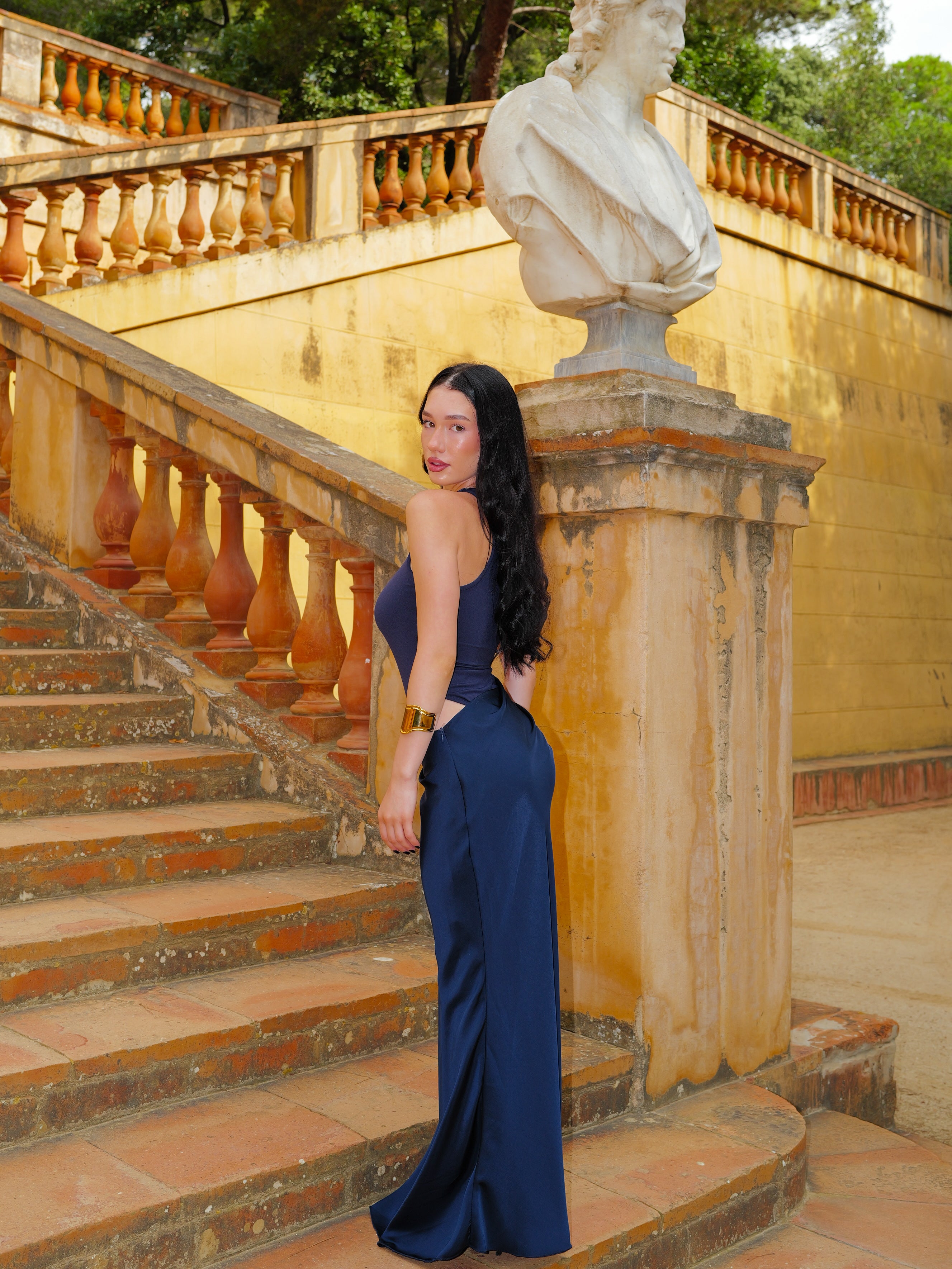 Fitted dress navy satin skirt