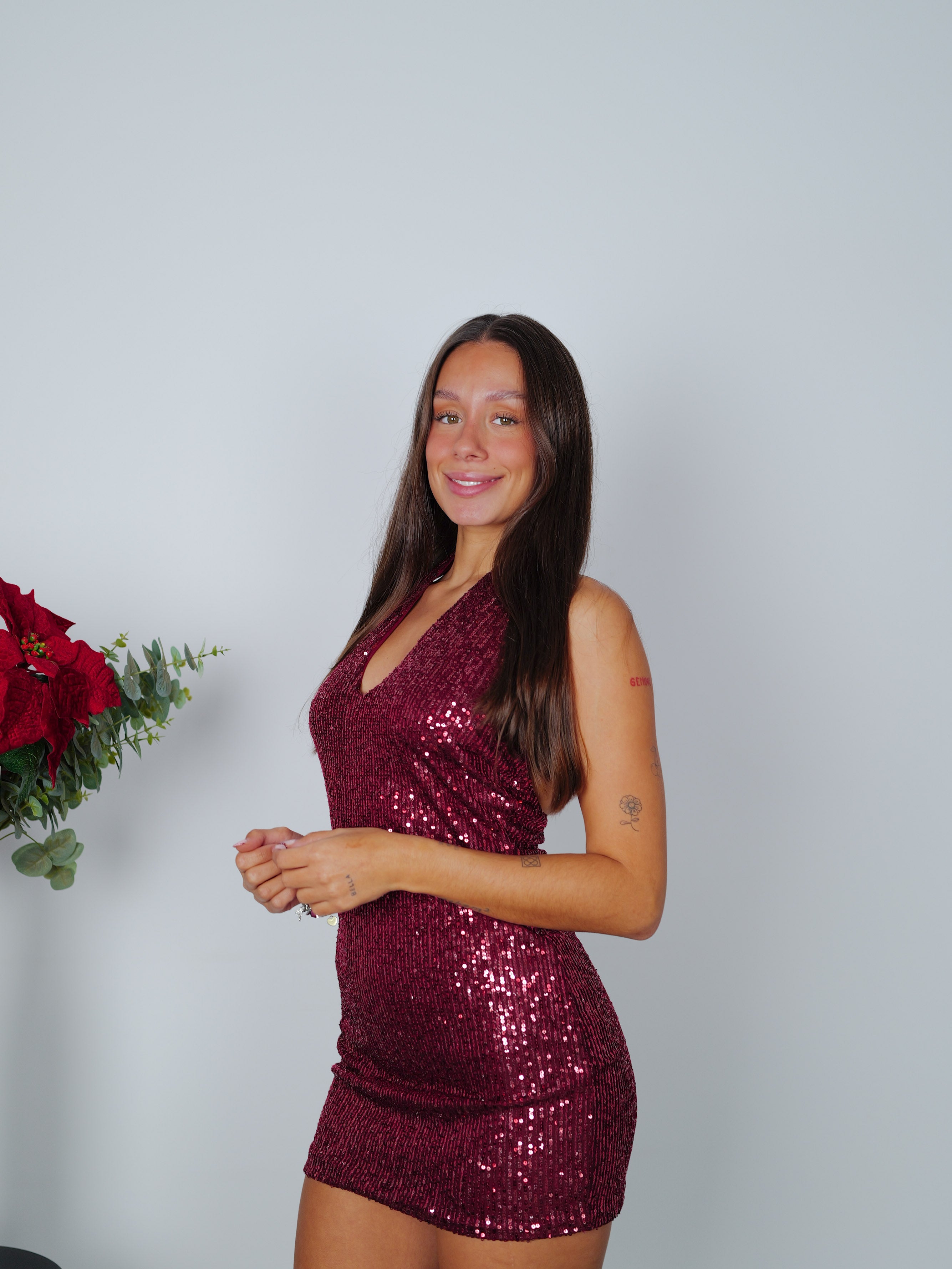 Burgundy burgundy glitter back mini peak dress