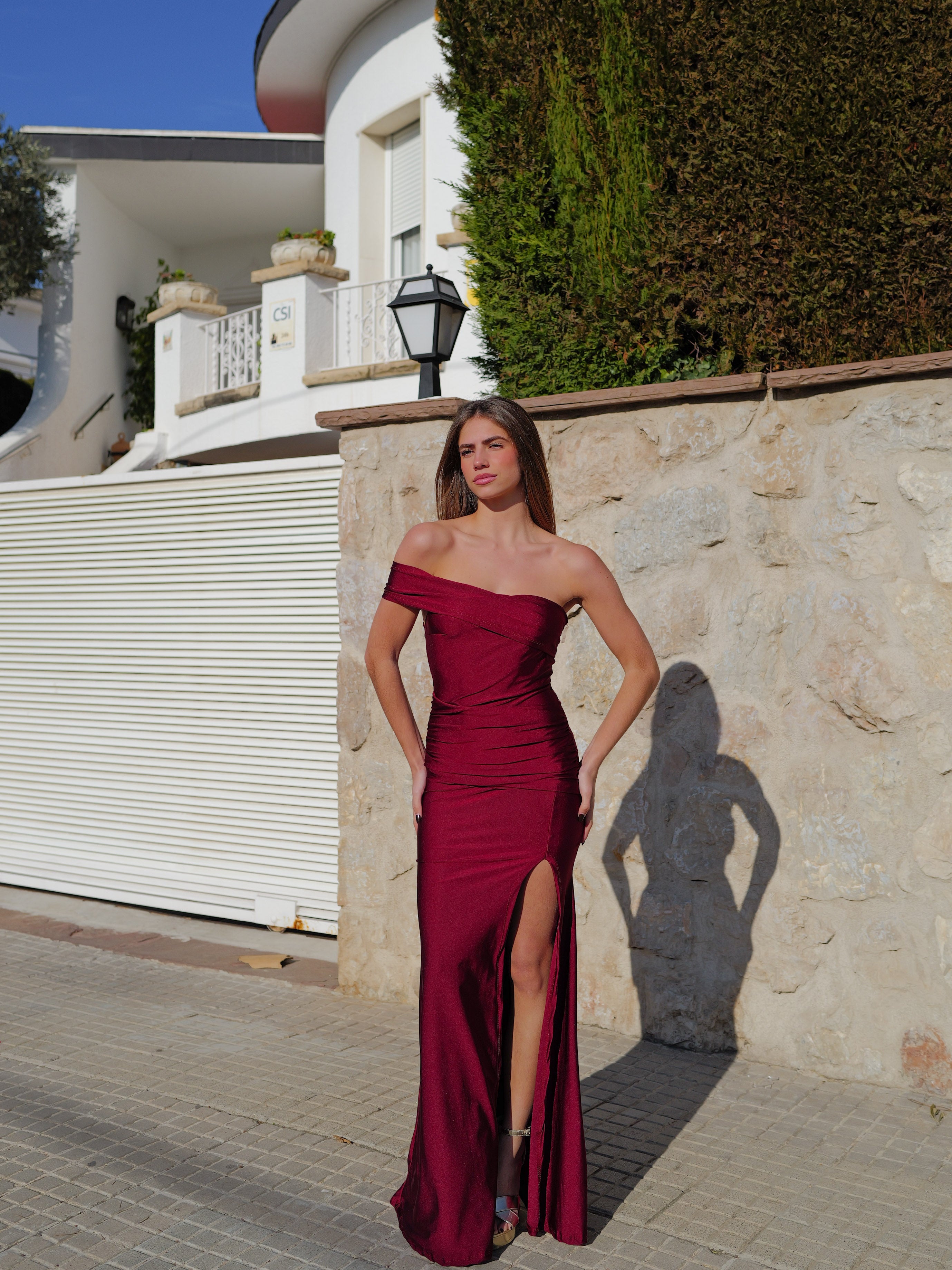 Asymmetrical burgundy boat dress