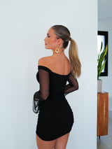 Mini bardot dress with black tulle sleeves