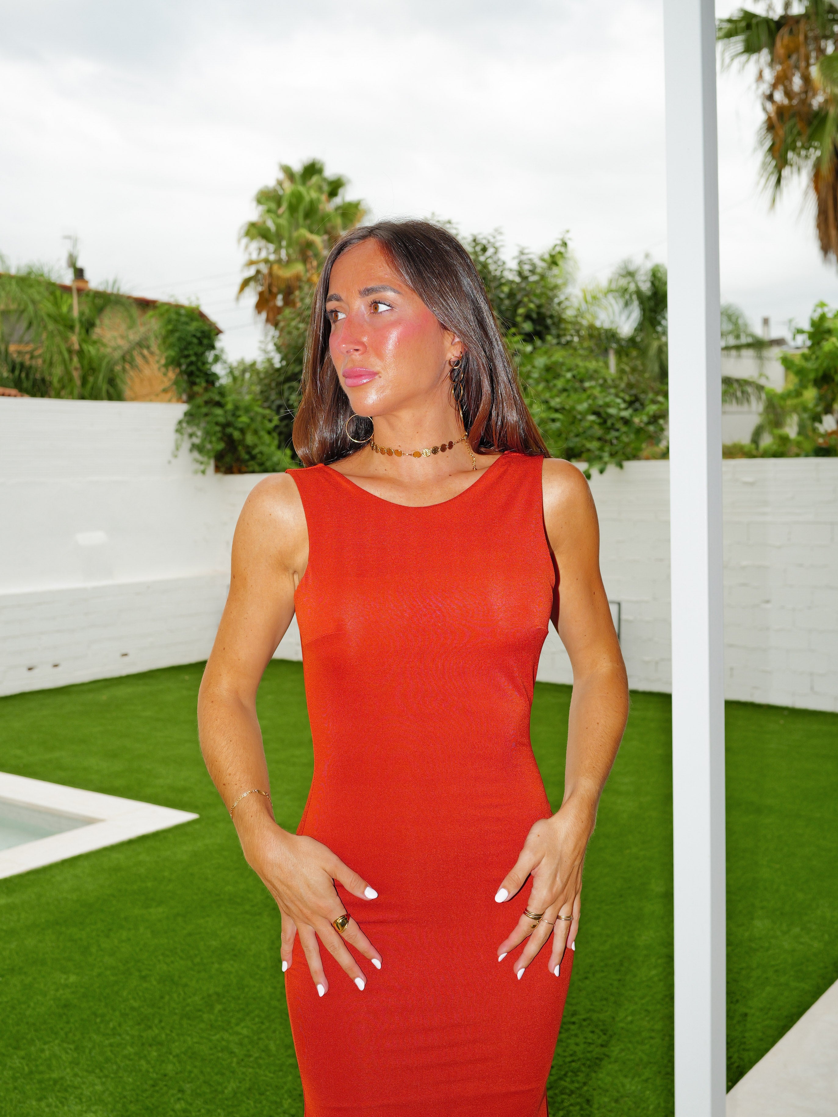 Tile long dress with v-neck