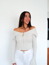 Beige ribbed zipper boat sweater