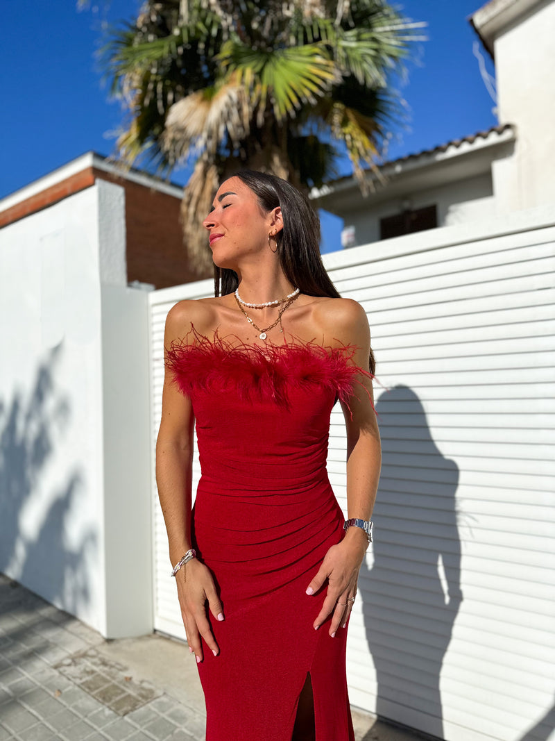 Burgundy feather word dress