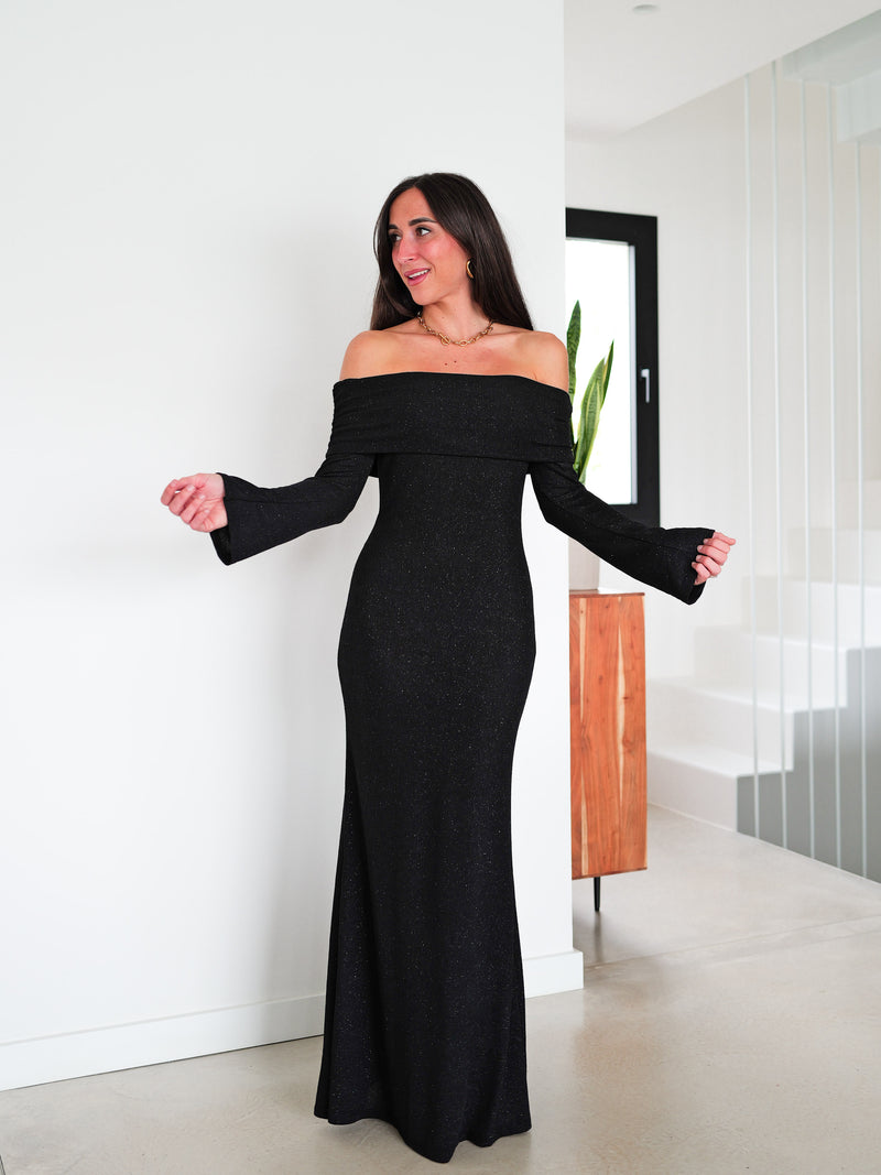 Long dress bardot lurex black